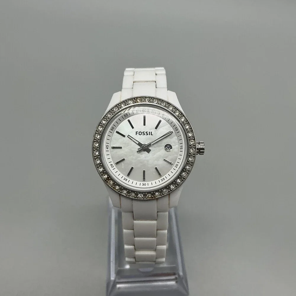 Fossil ES2437 Womens Watch 31mm MOP Ceramic Crystals Date New Battery 6.75